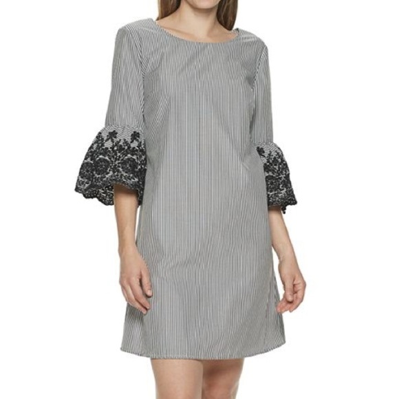 Nina Leonard Stripe Print Crochet Bell Sleeve Shift Dress - Picture 1 of 14